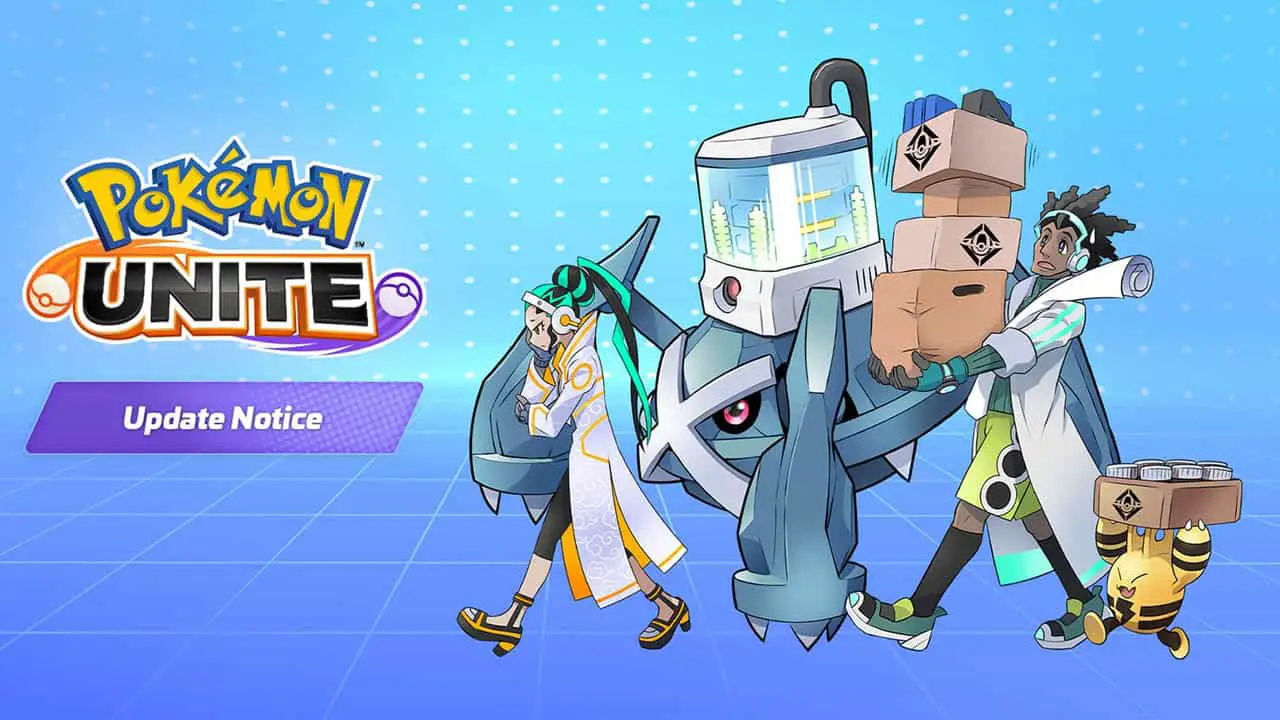 A bunch of pokemon walking with trainers with the pokemon unite logo to the left of hte image