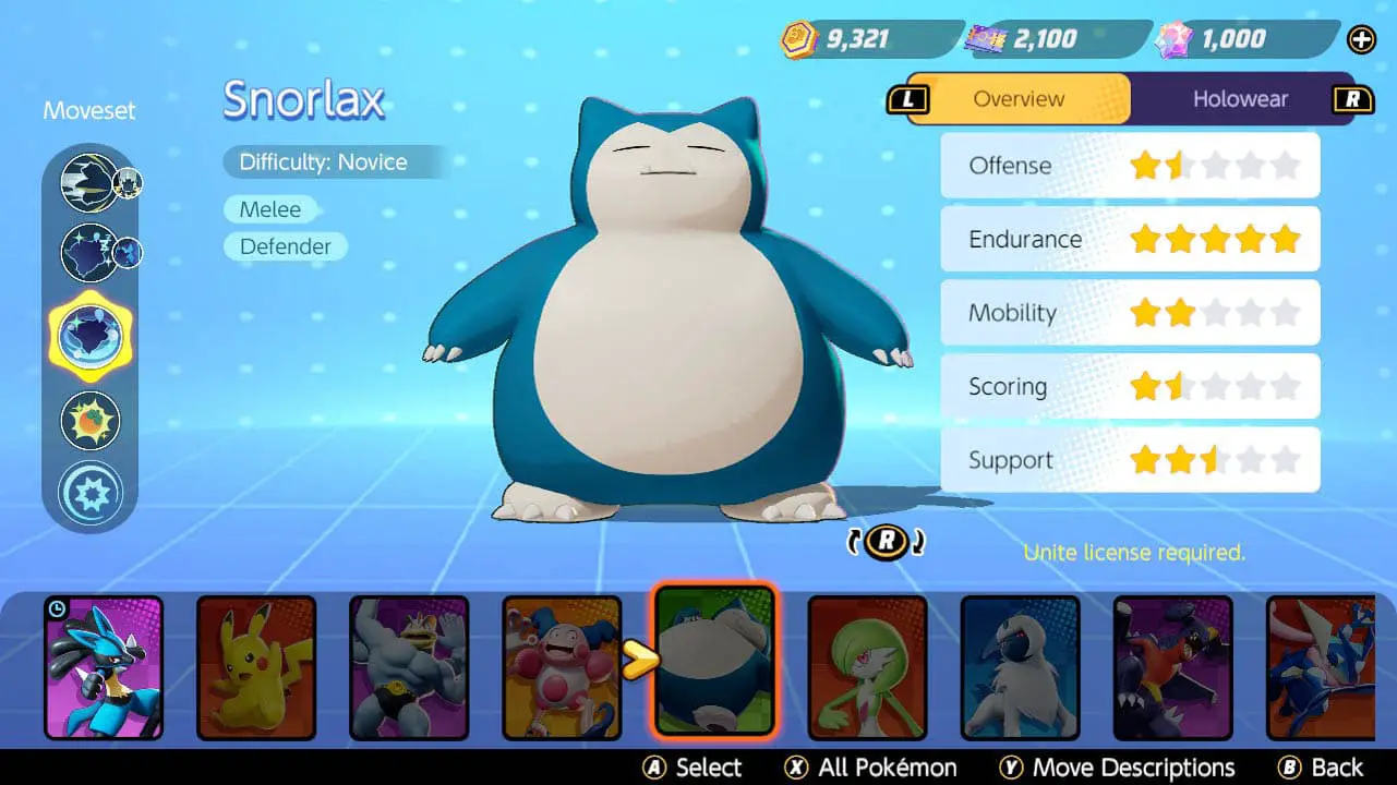 A pokemon standing in a blue room with its stats displayed next to it above a row of other pokemon profile pics in pokemon unite's pokemon select screen (pokemon unite screenshote)