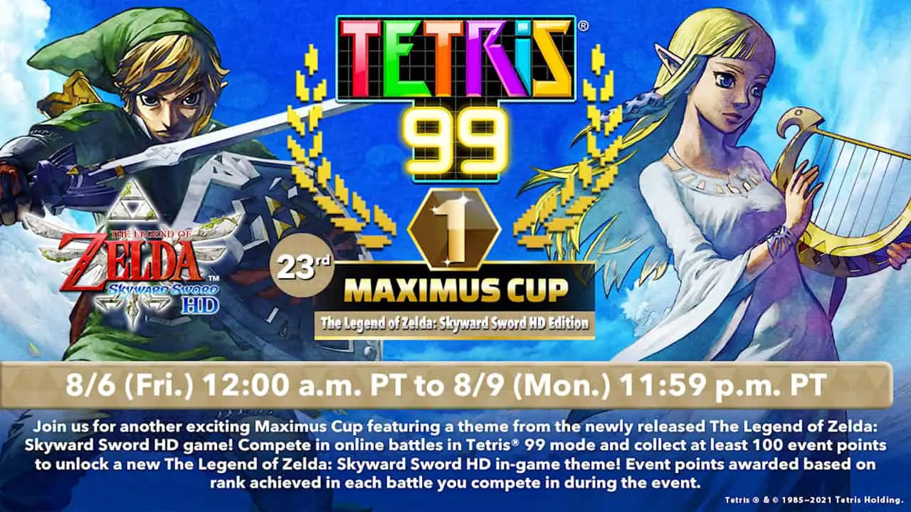 Link and zelda posing on either side of the tetris 99 logo