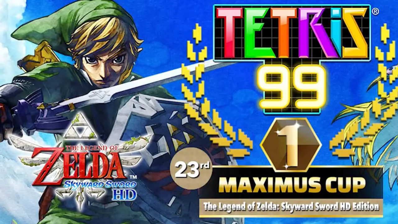 Link holding a sword next to Tetris 99 logo