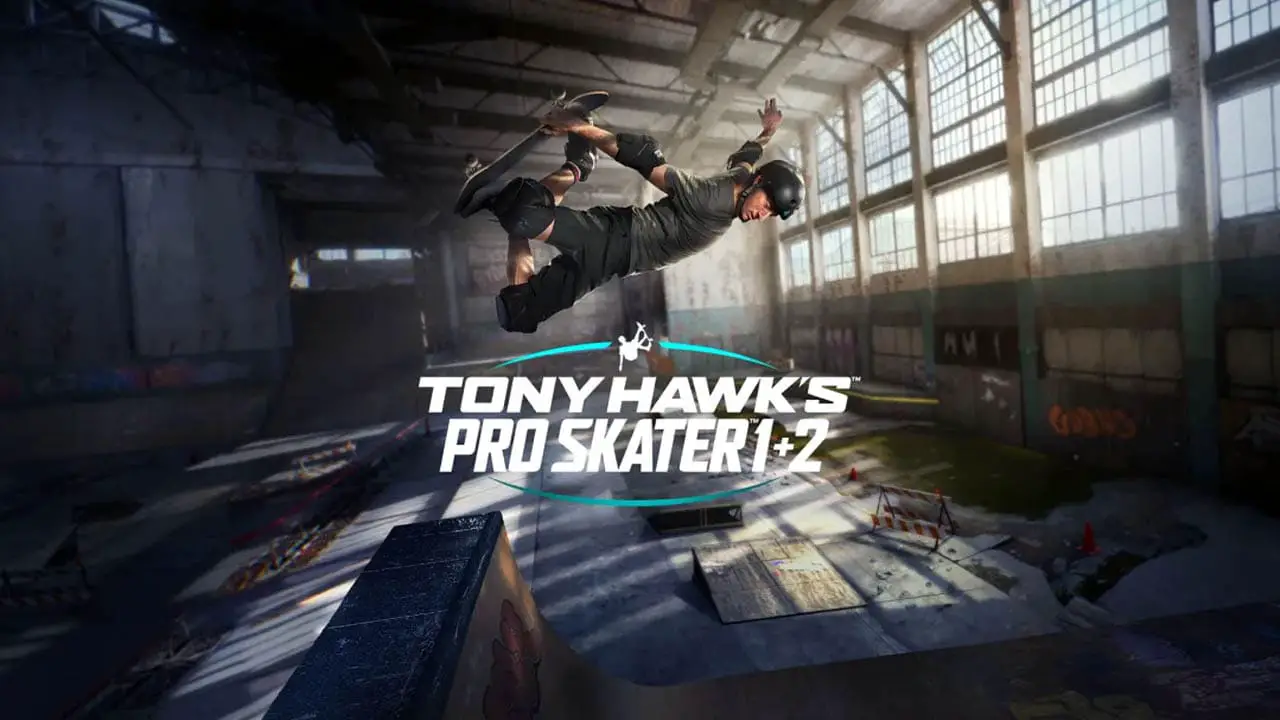A skater in the air with the Tony Hawk logo in the middle of the image
