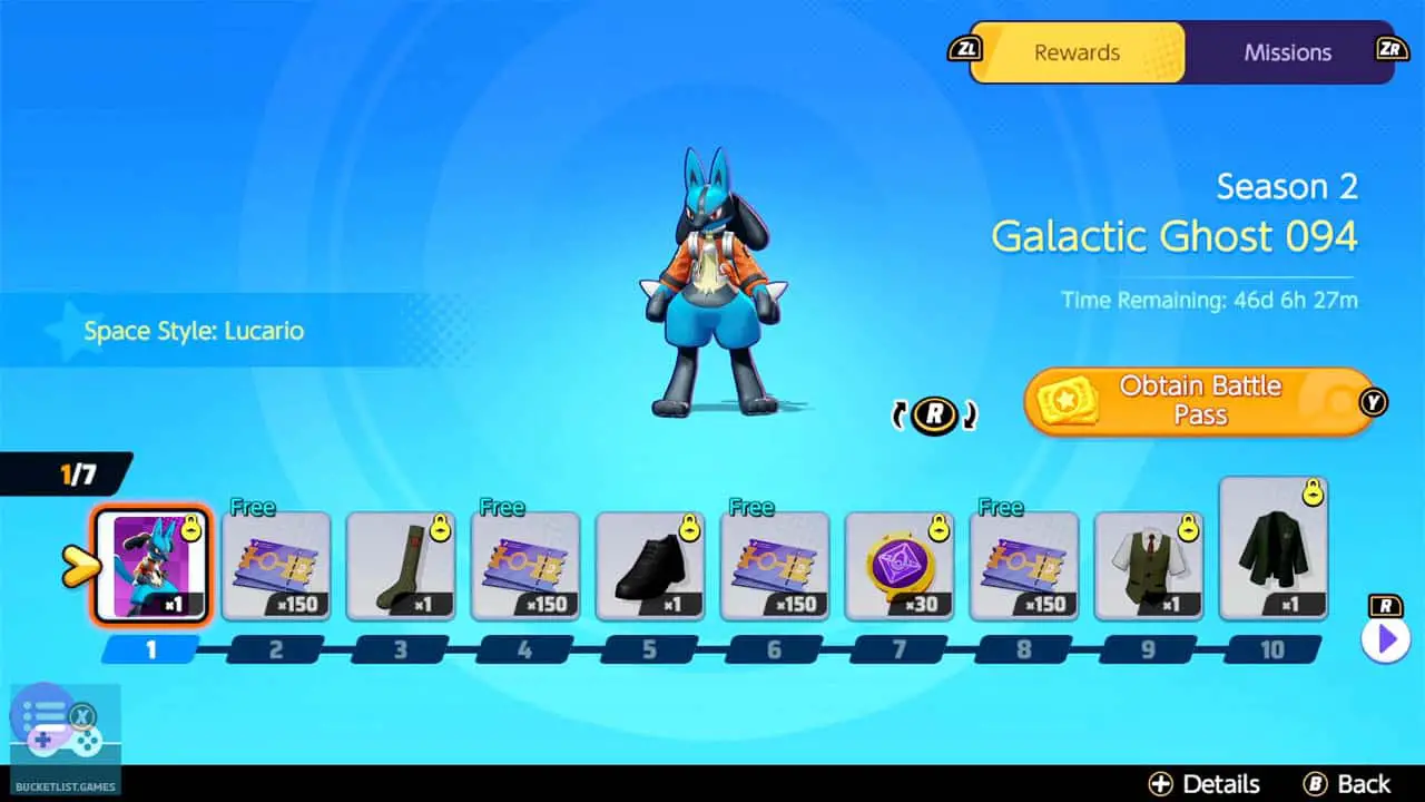 a row of icons below a blue pokemon standing in a blue room (pokemon unite battle pass screenshot)