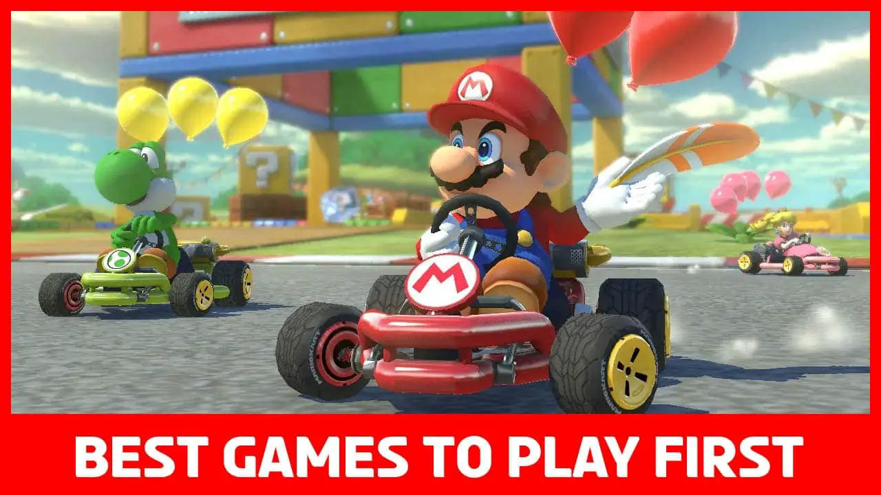 mario in a kart on a course with racers around him