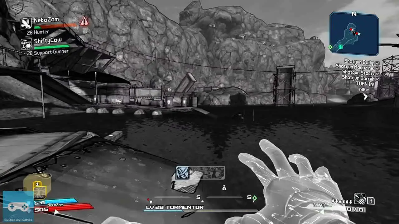 a first person view of a transparent hand by a lake (borderlands screenshot)