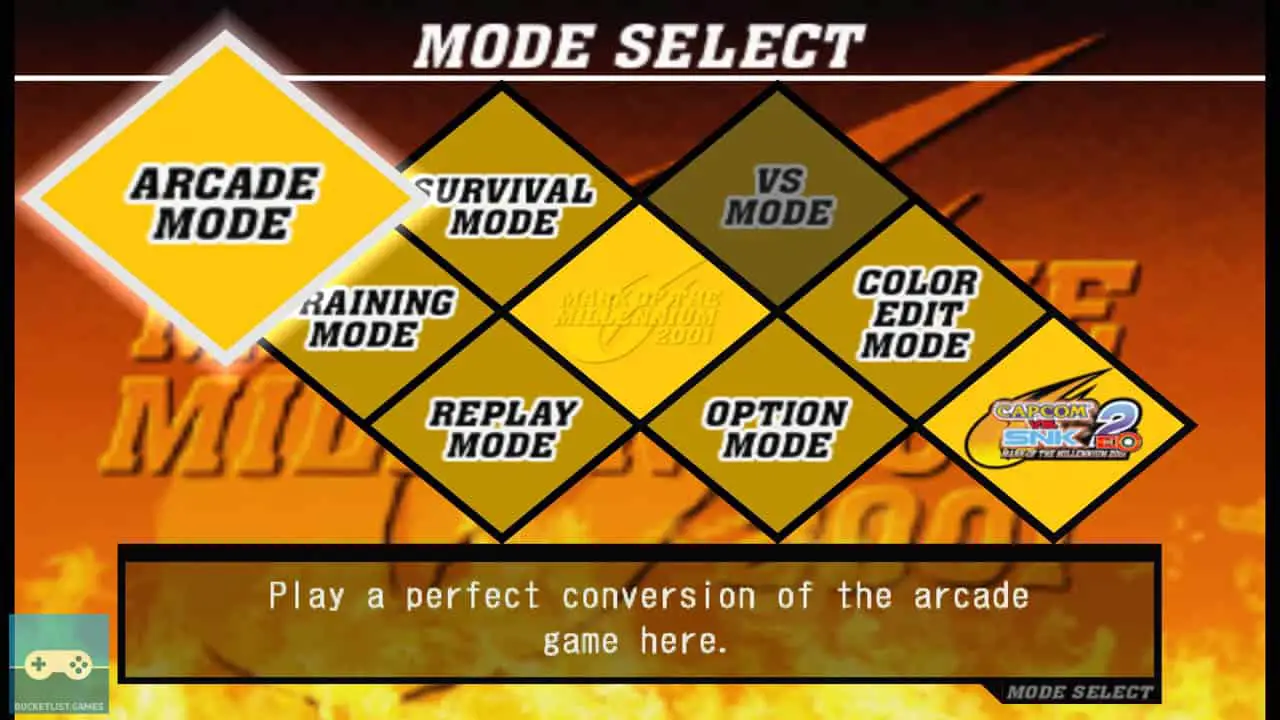 capcom vs snk 2 eo mode seelct screen with boxes filled with game mode names