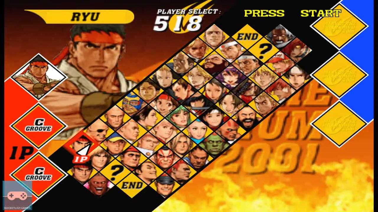 capcom vs snk 2 eo roster screen with 48 fighter icons