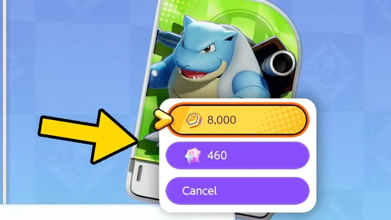 pokemon unite shop screen with a yellow arrow pointing at the"8,000 aeos coins" button with an image of blastoise behind it