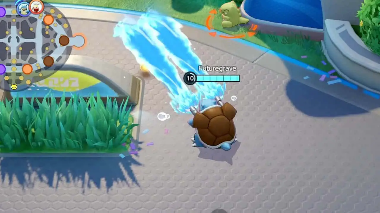 blastoise water turtle blasting water from its shell guns (pokemon unite screenshot)