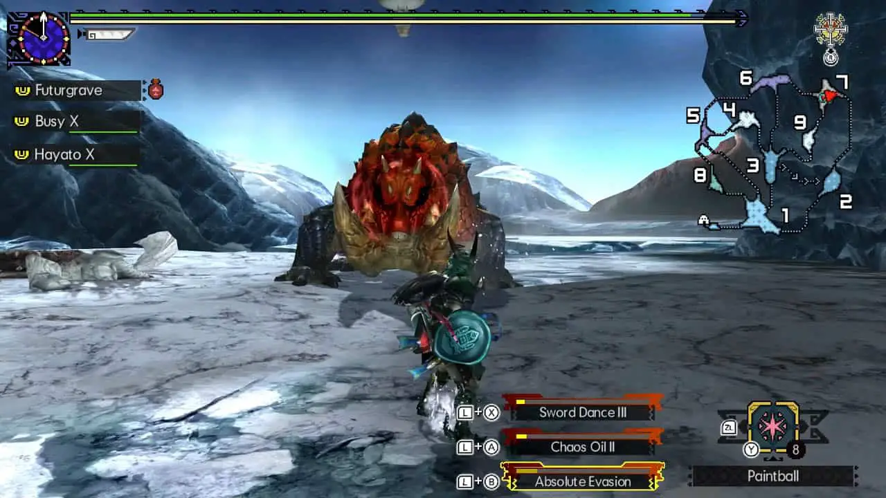 a giant toad moanster staring at a hunter in an ice field (mhgu screenshot)