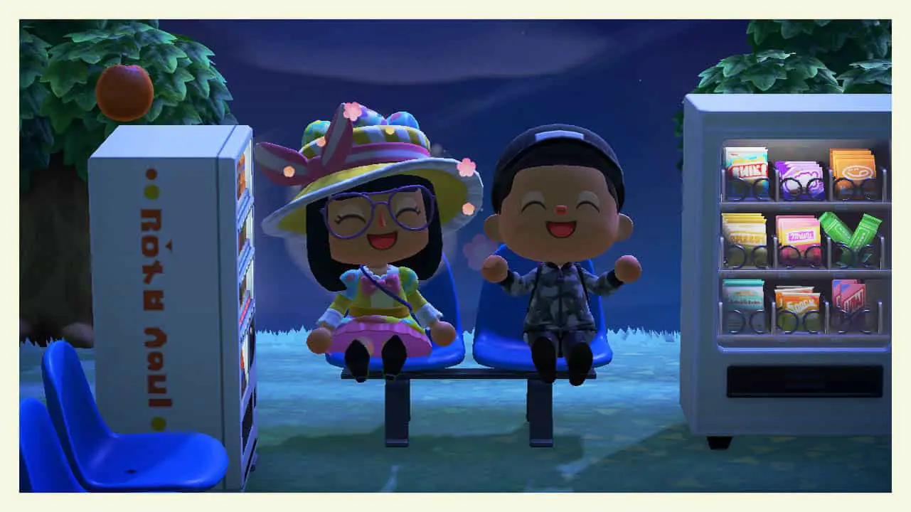two players sitting on a bench, happy (animal crossing new horizons screenshot)
