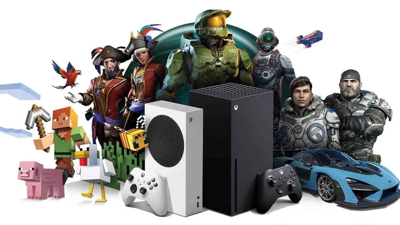 a bunch of game characters standing behind xbox series s and x consoles against a white background