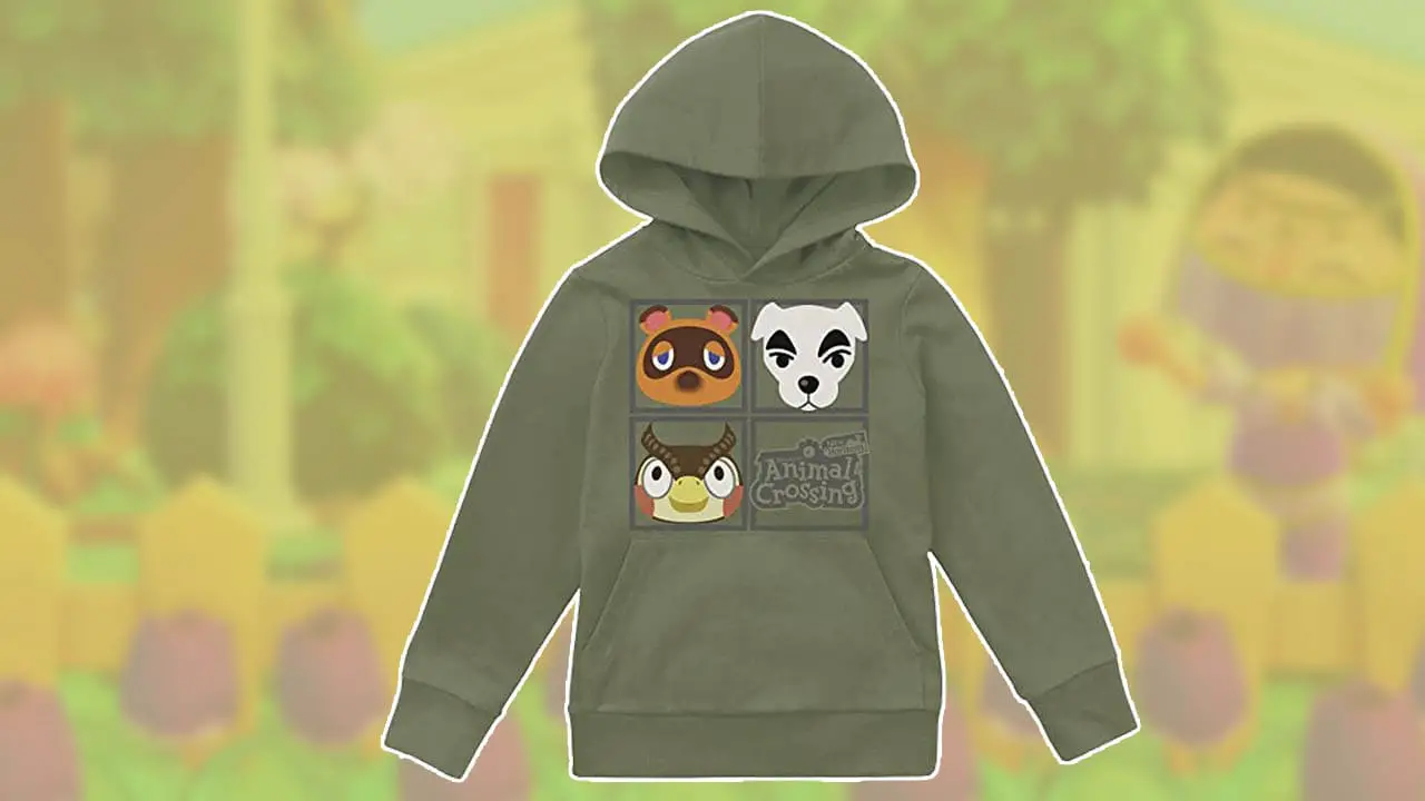a hoodie with animal crossing print on the front