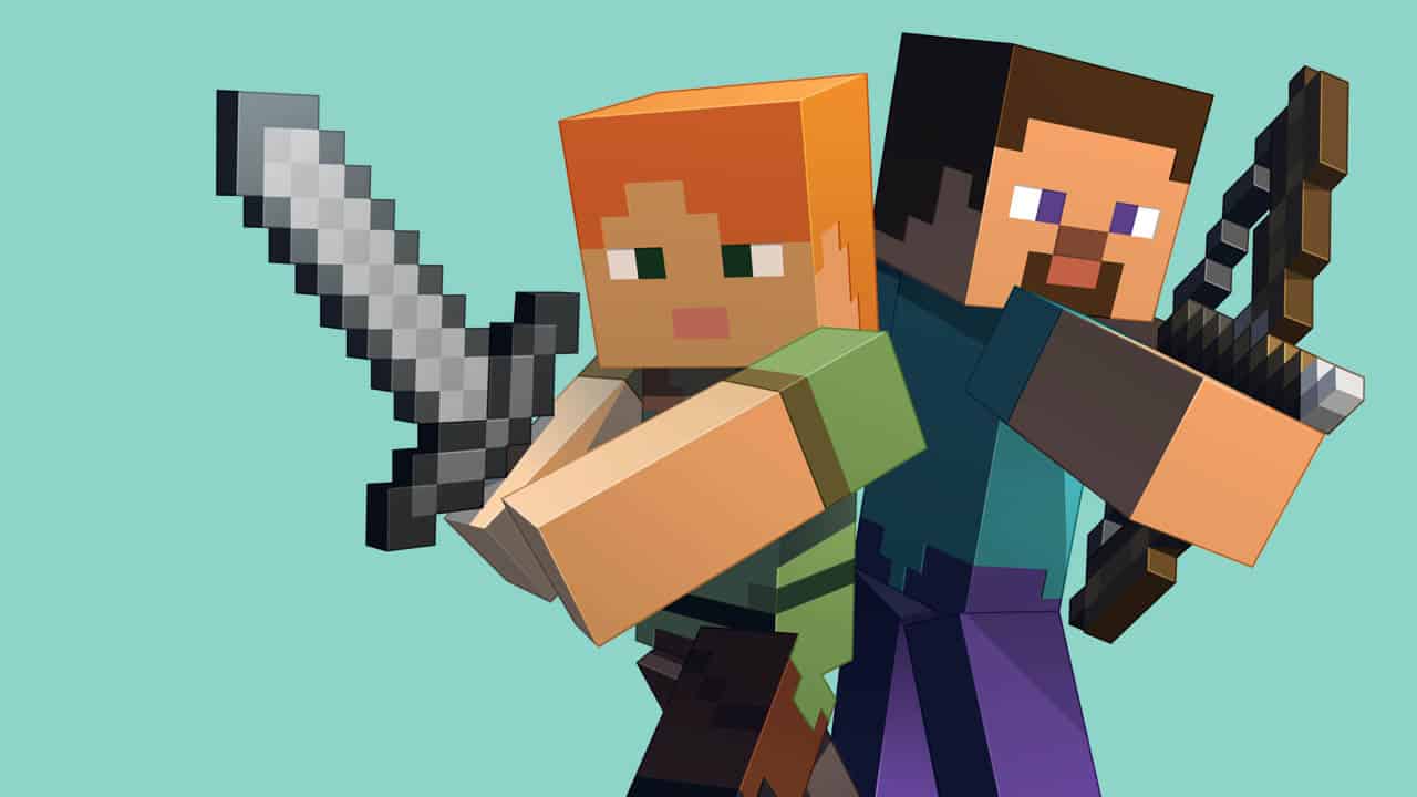a woman and man block minecraft characters standing back to back holding swords in front of a solid greenish background