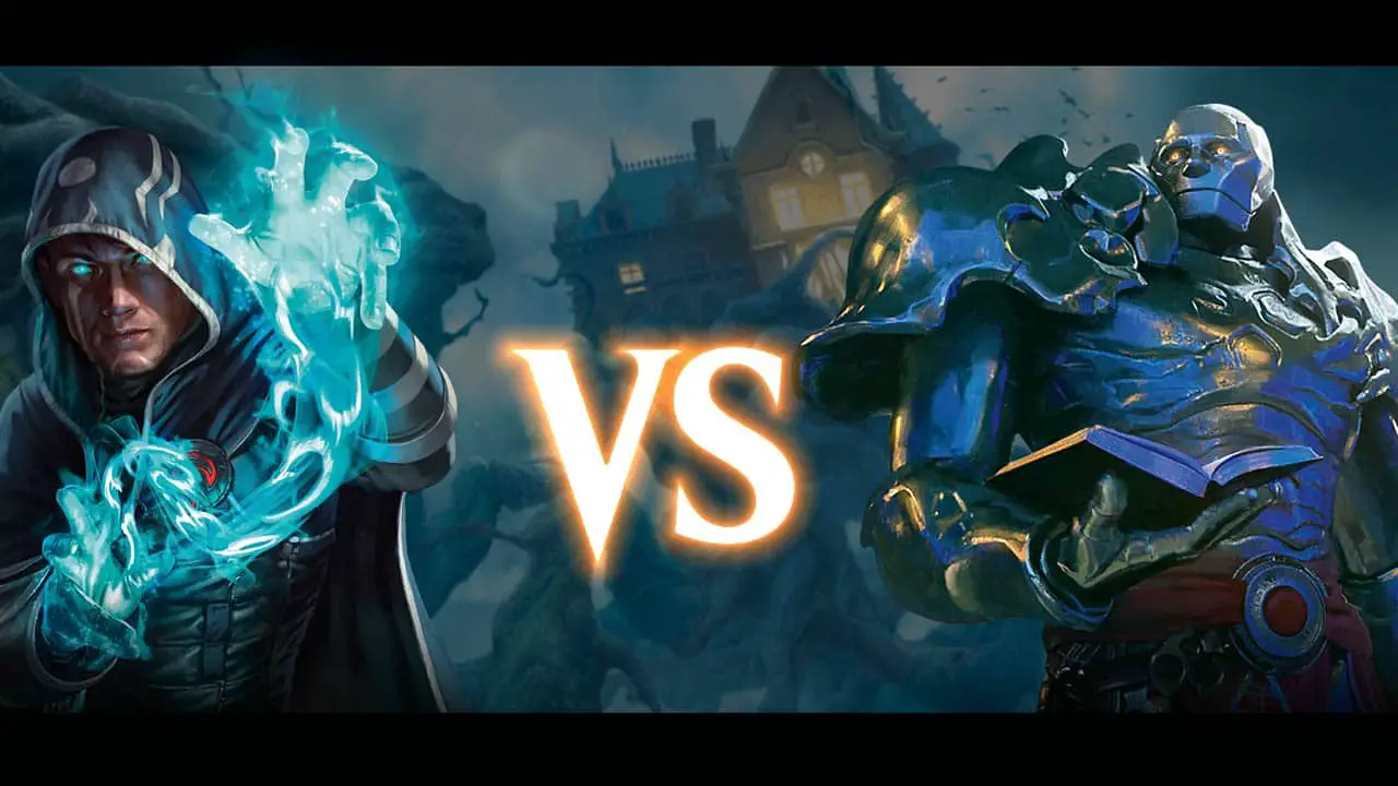 a blue mage and a golem knight with the word "VS" between them in front of a horror themed mansion (mtg arena screenshot)