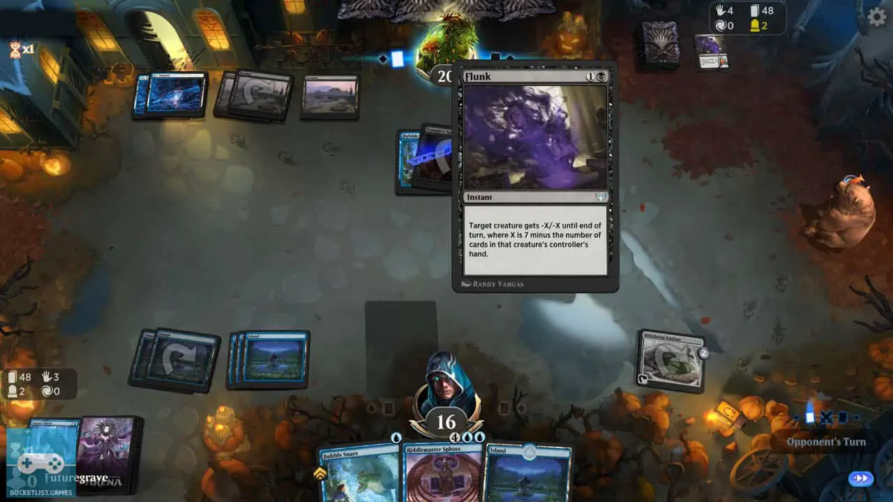 a table with magic cards being played; a game of magic being played (magic the gathering arena screenshot)