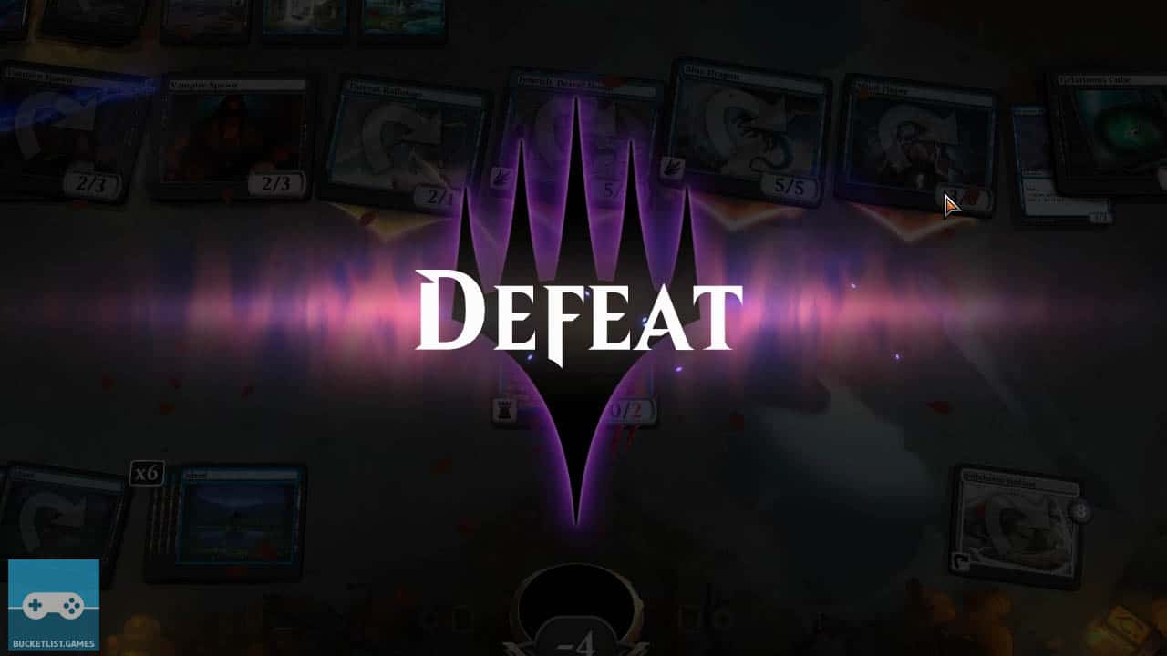 "defeat" word on screen in front of magic logo and purple and black background