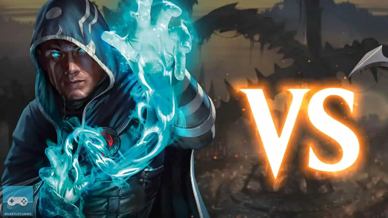 a blue mage with blue magic around his hands wearing a hood next to the letters "vs" (mtg arena screenshot)