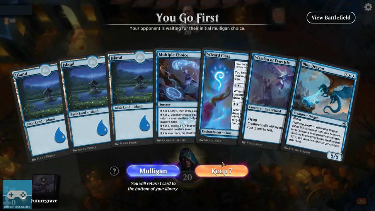 an opening hand of magic cards, front facing the player (mtg arena screenshot)