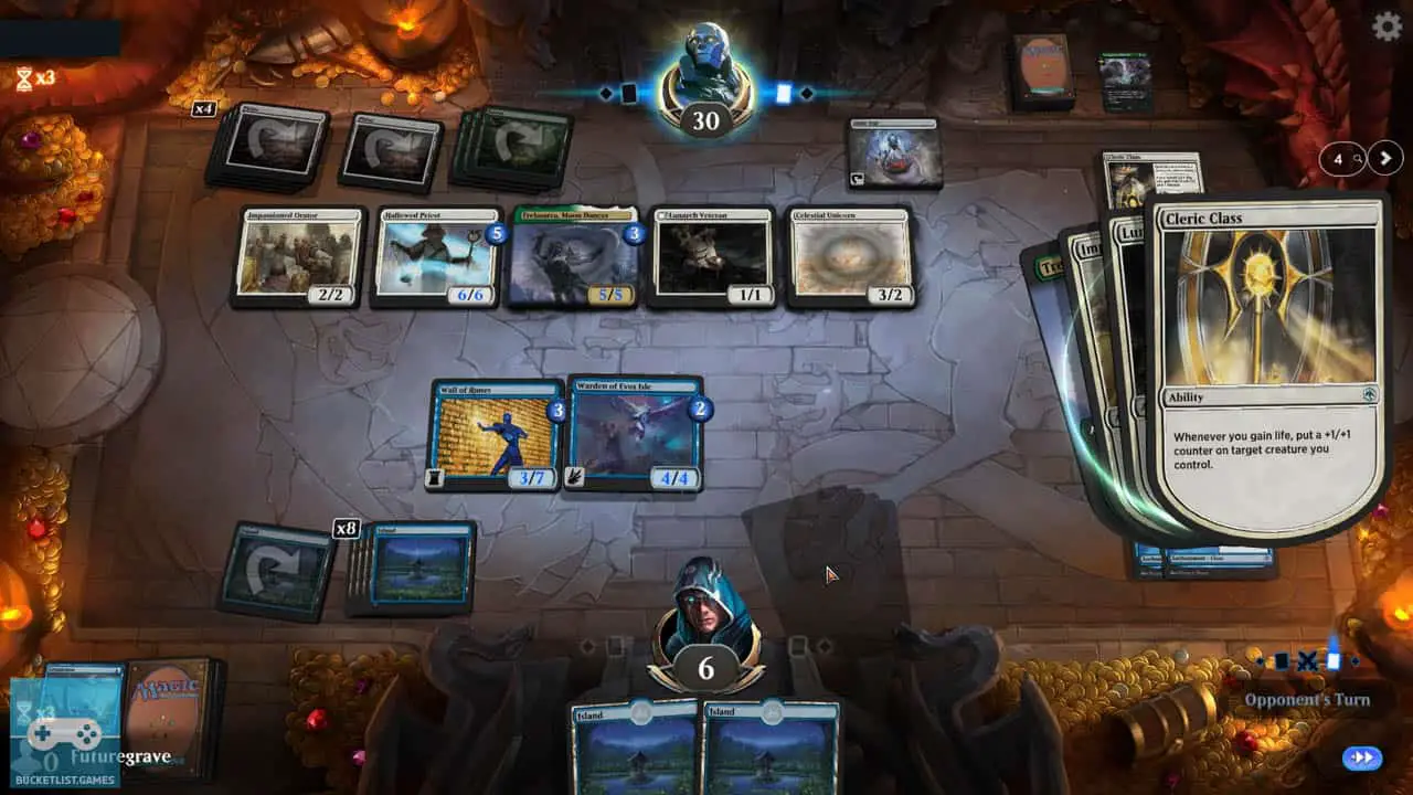 a table with magic cards being played; a game of magic being played (magic the gathering arena screenshot)