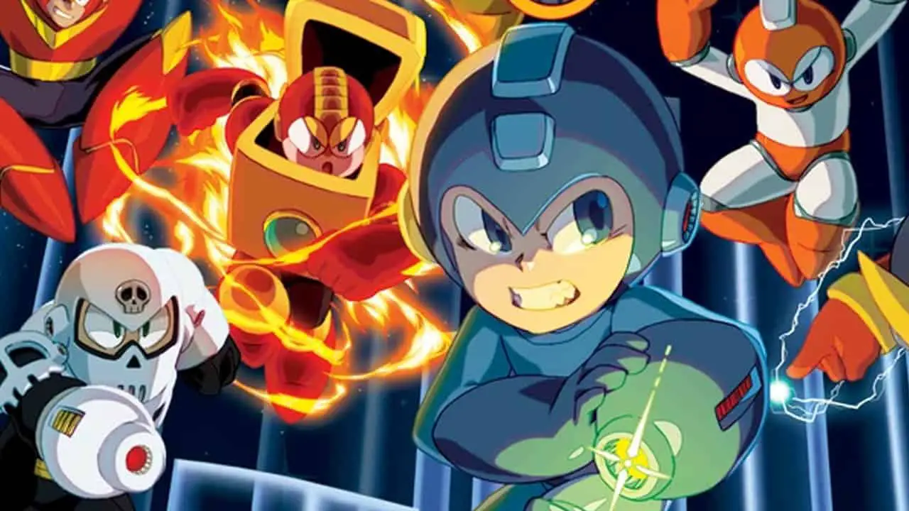 mega man holding his arm cannon with evil robots all around him