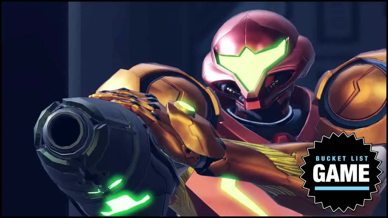 samus in her suit pointing her arm cannon at somethign off screen (Metroid Dread screenshot)