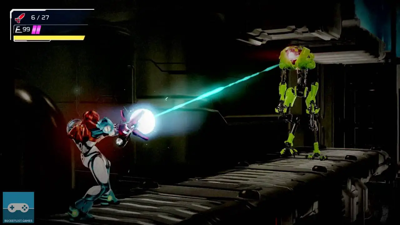 samus firing beams from ehr arm cannon at a robot's head (metroid dread screenshot)