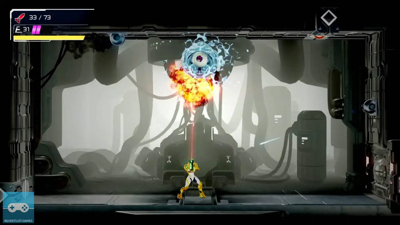 samus in the middle of a lab, firing shots at an eyeball enemy at the top of the room (metroid dread screenshot)