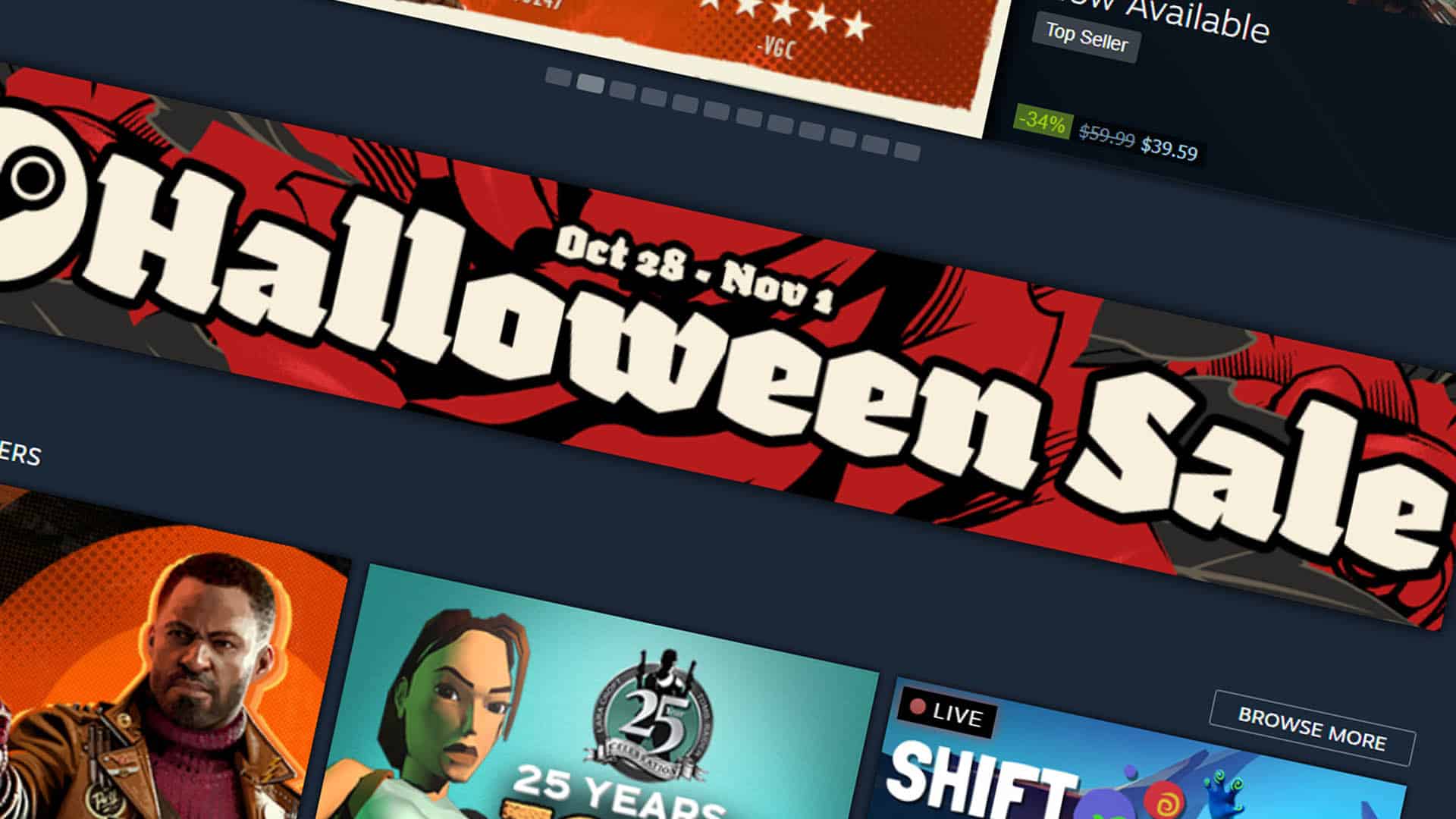steam store page hallowwen sale red and black banner with game images below it
