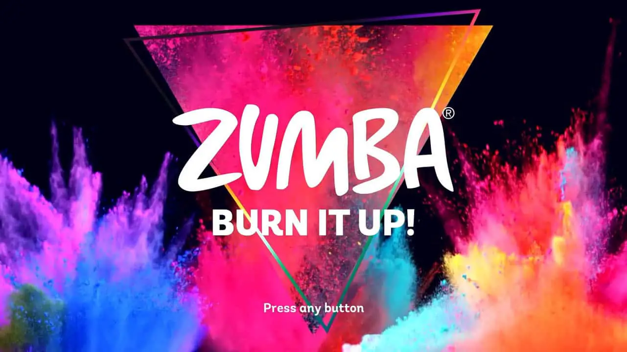 zumba burn it out logo against a colorful background that looks like paint s plat ters of various colors splashing against a black background (zumba nintendo switch title screen)