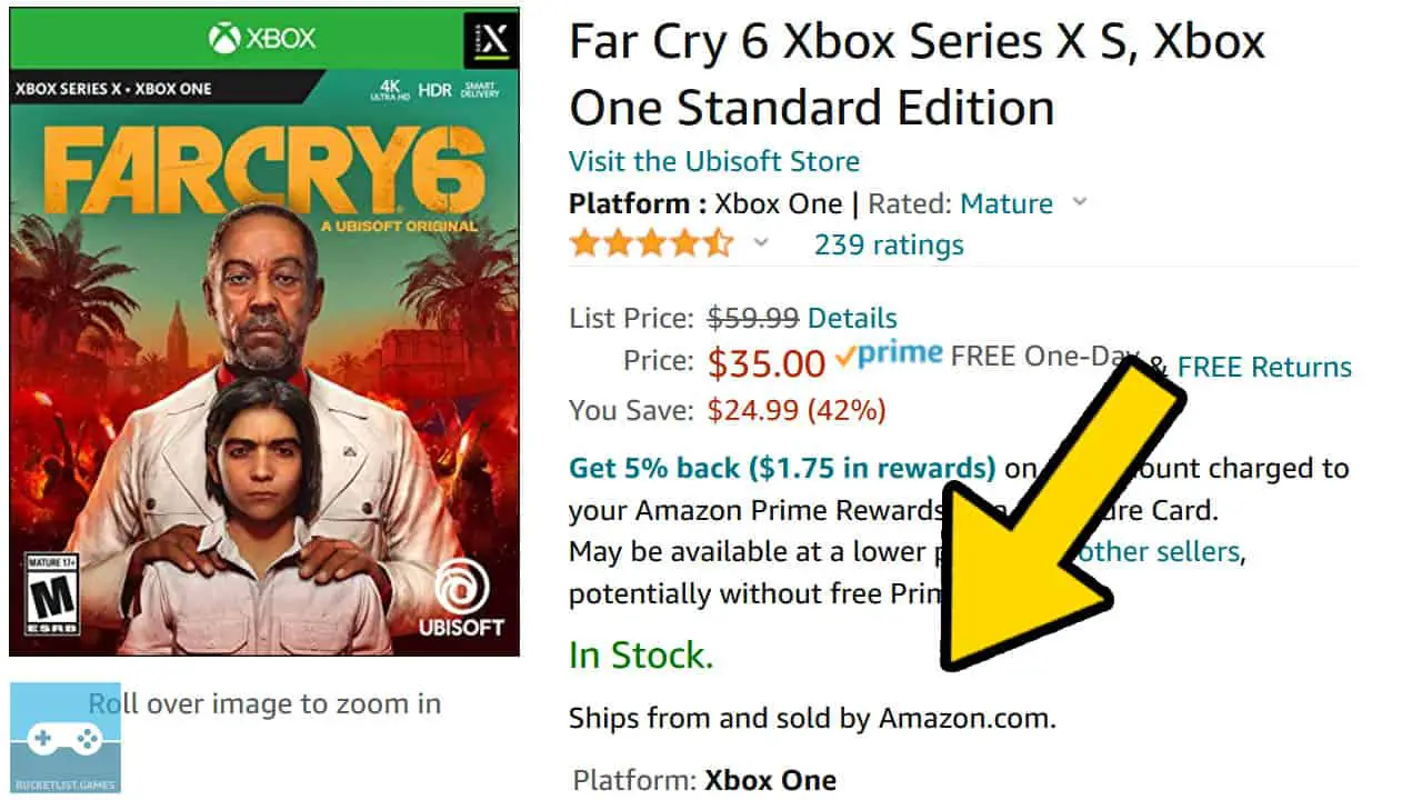 far cry 6 box art with game details text and a yellow arrow pointing at ship and sold by info