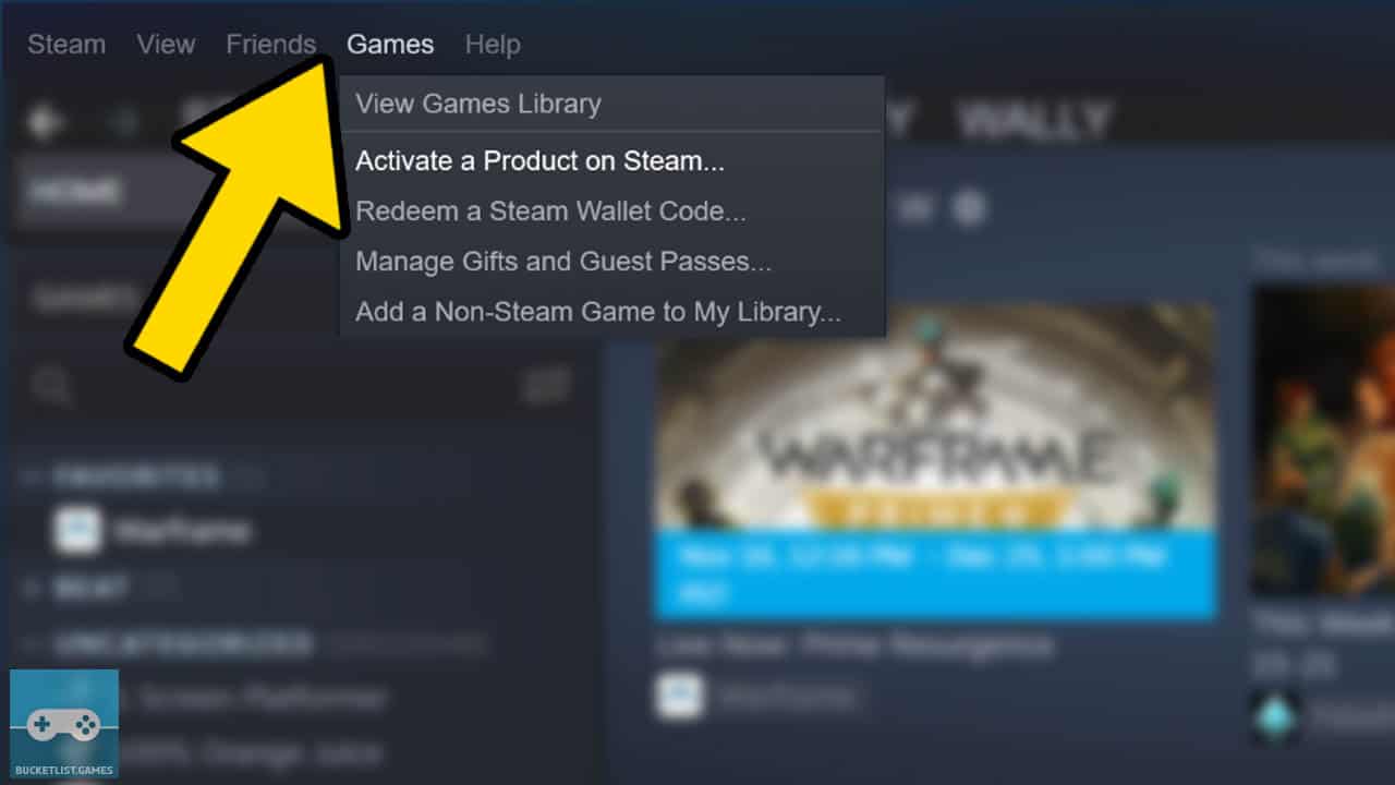 steam product activation screen with a yellow arrow pointing at a button