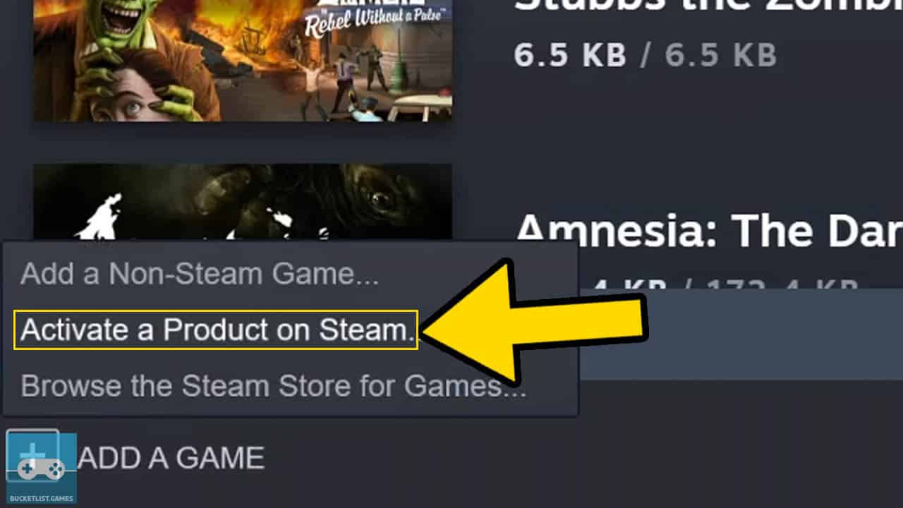 steam product activation screen with a yellow arrow pointing at a button