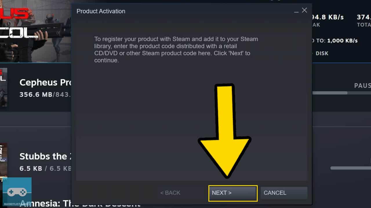 steam product activation screen with a yellow arrow pointing at a button