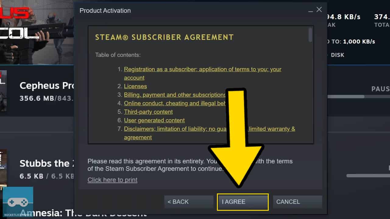 steam product activation screen with a yellow arrow pointing at a button