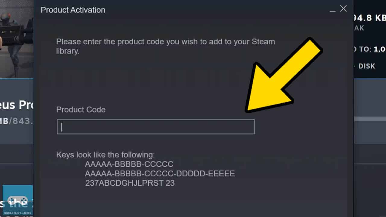 steam product activation screen with a yellow arrow pointing at the product key activtaion field
