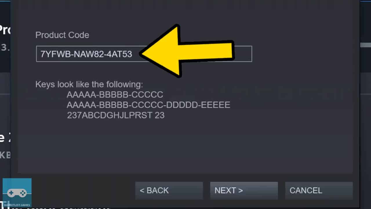 steam product activation screen with a yellow arrow pointing at the product key field