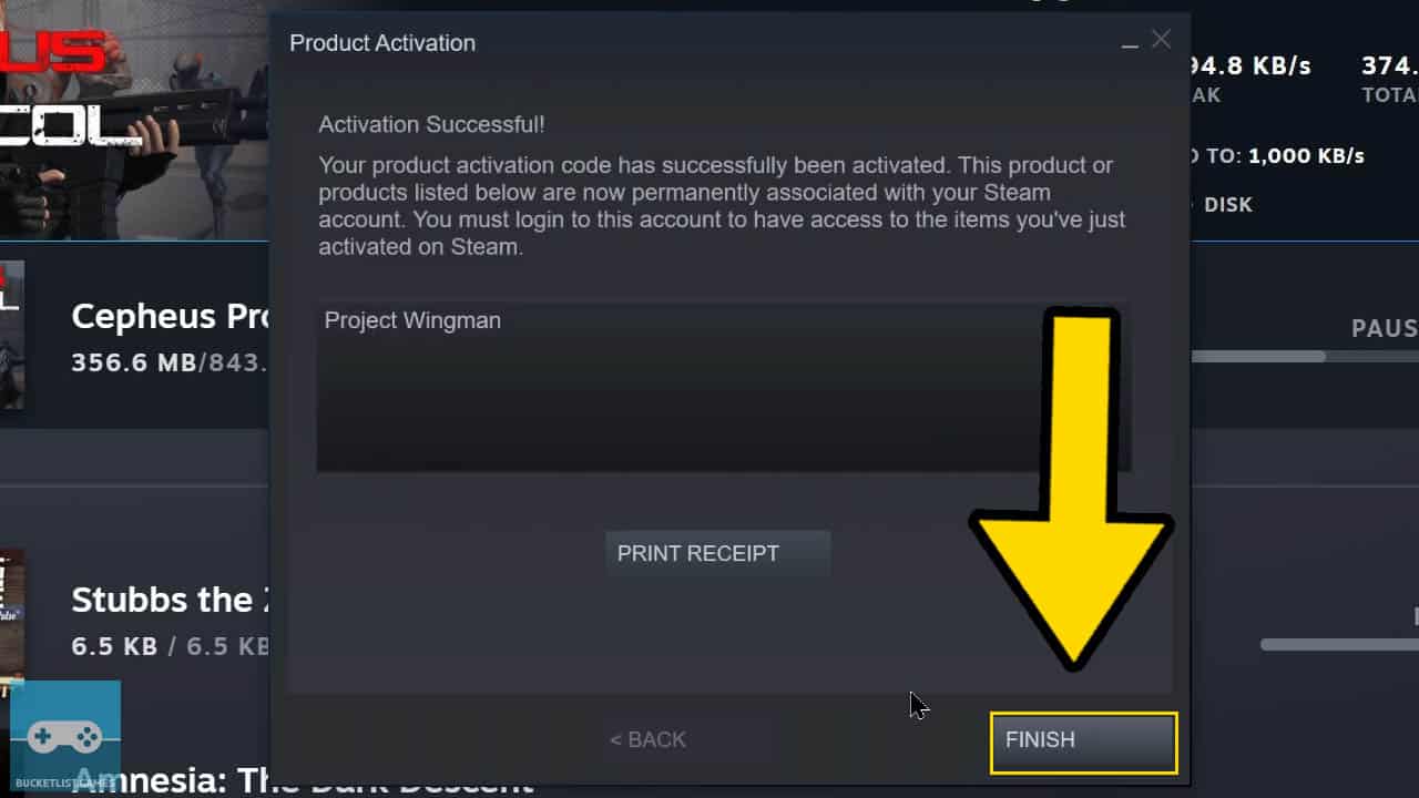 steam product activation screen with a yellow arrow pointing at a button