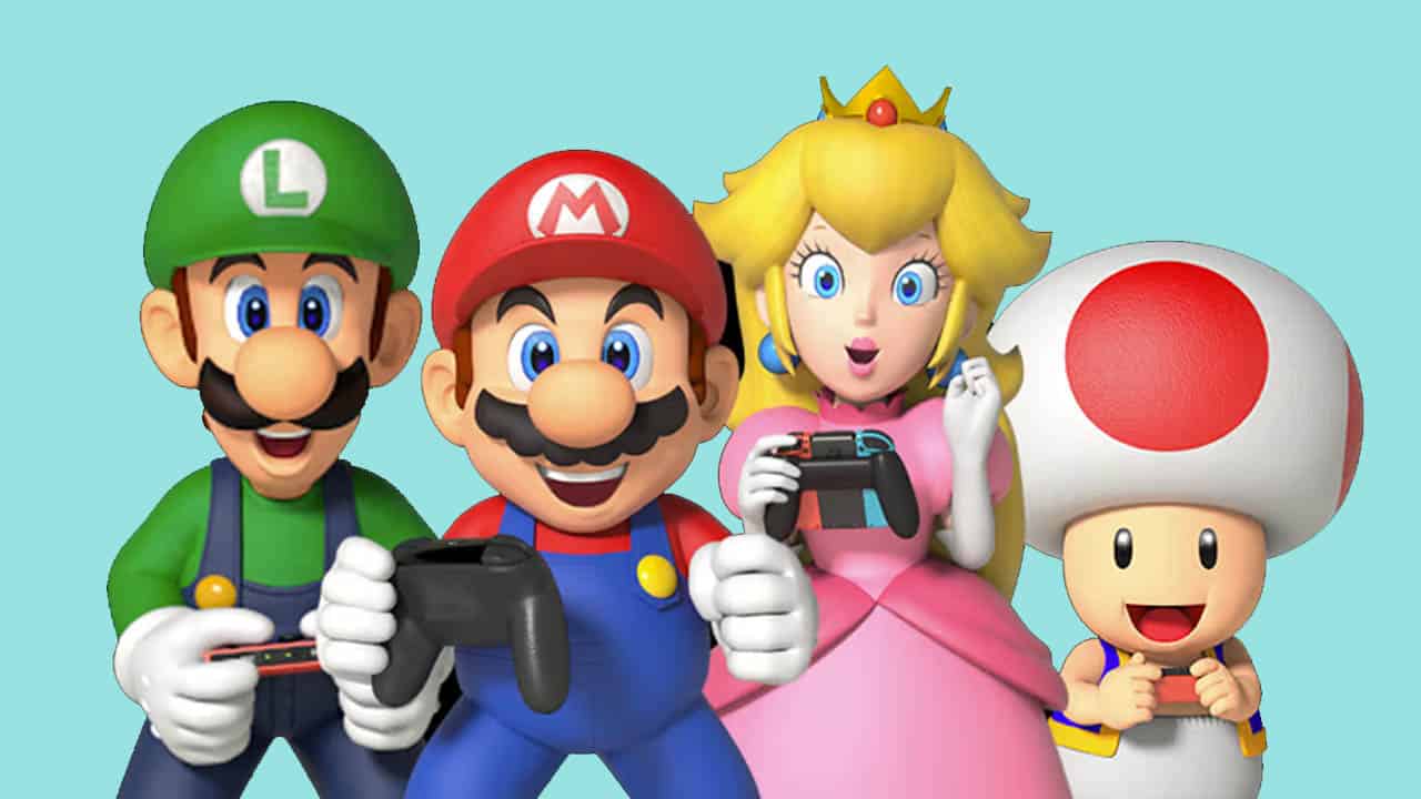 luigi, mario, peach, and toad stadning net to each other with swtich controllers in-hand