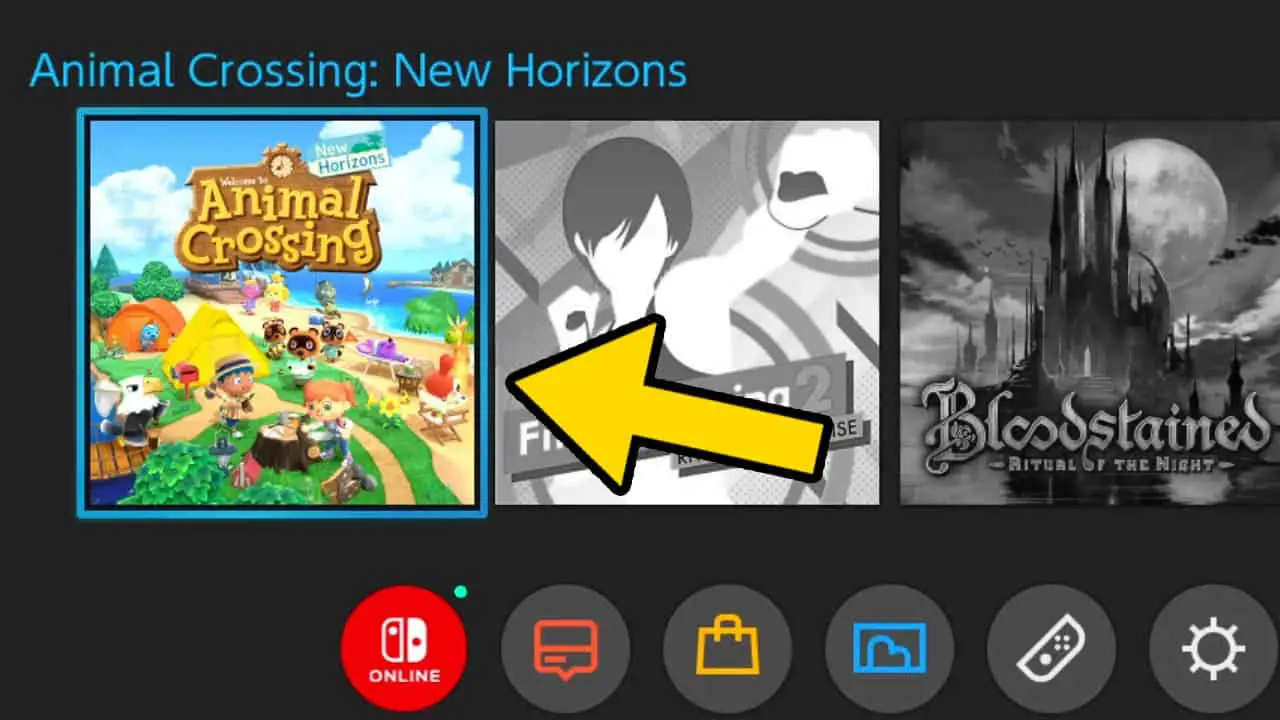 nintendo switch home scree icons with a yellow arrow pointing to a game icon