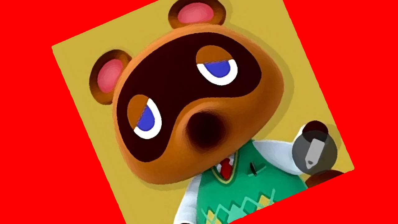 a close up of tom nook from animal crossing portrait against a yellow and red background, slanted