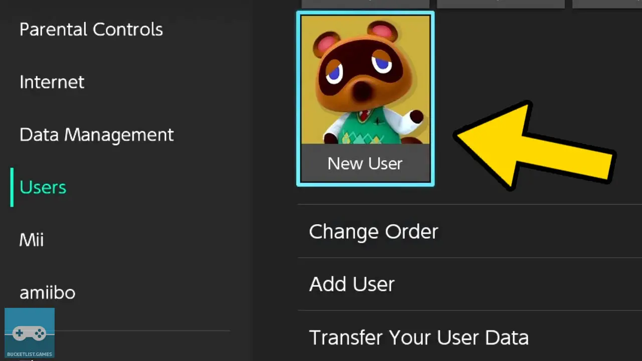 nintendo switch user profile deletion process with a yellwo arrow pointing at the correct setting step