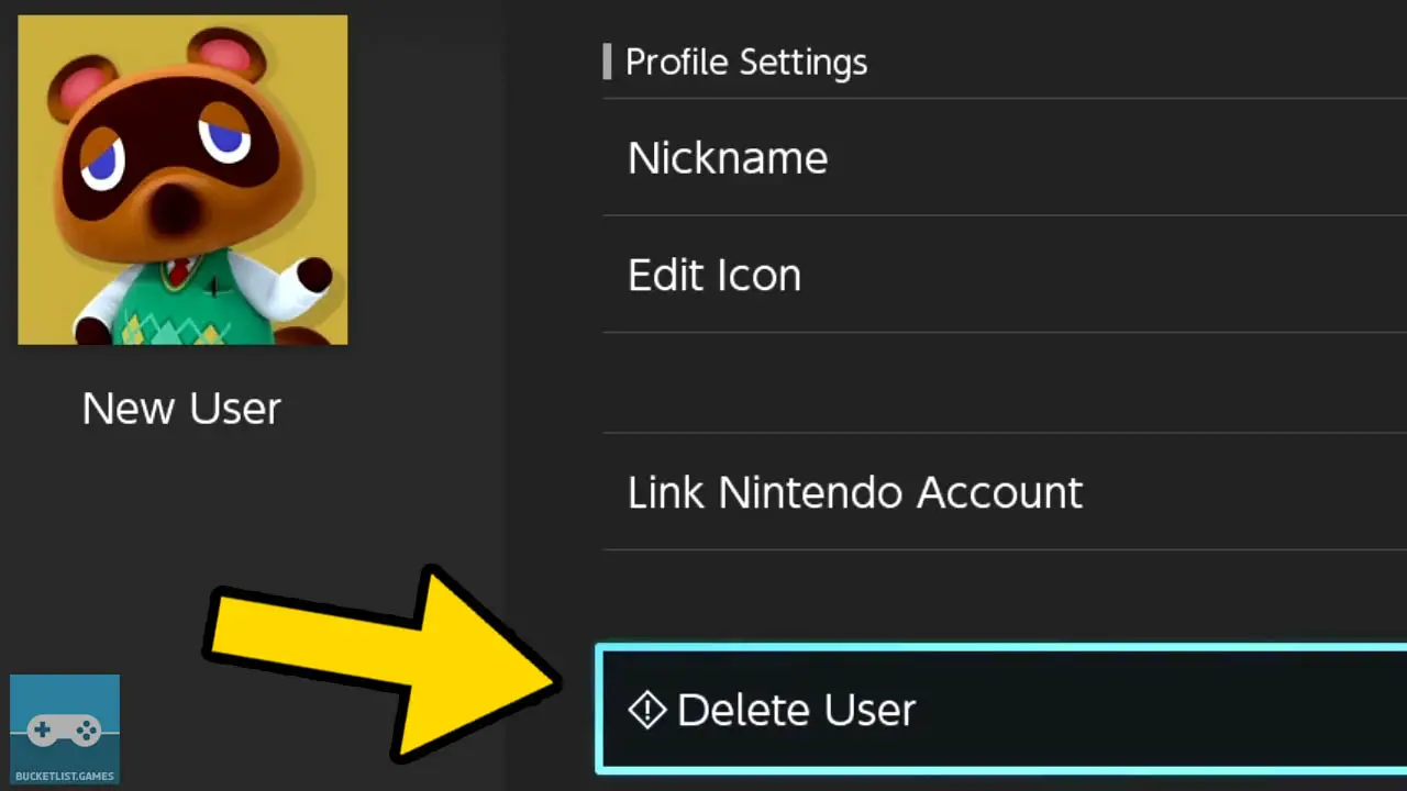 nintendo switch user profile deletion process with a yellwo arrow pointing at the correct setting step