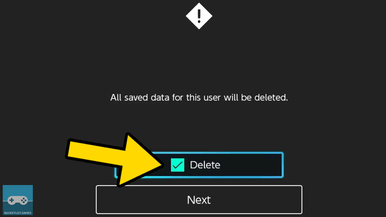 nintendo switch user profile deletion process with a yellwo arrow pointing at the correct setting step