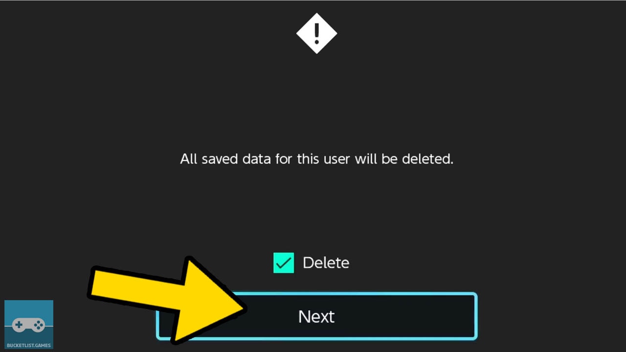 nintendo switch user profile deletion process with a yellwo arrow pointing at the correct setting step