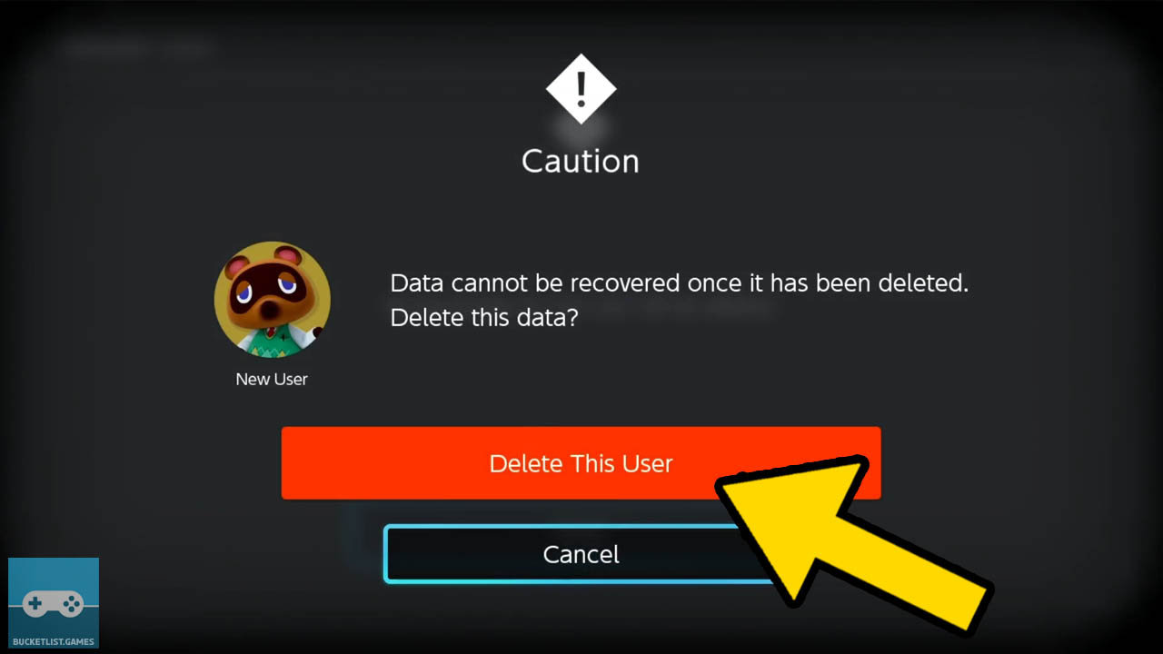 nintendo switch user profile deletion process with a yellwo arrow pointing at the correct setting step