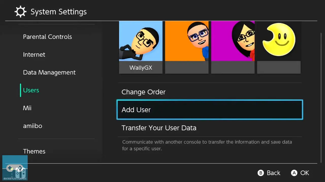 nintendo switch user profile screen with a row of user profiles and options text below them