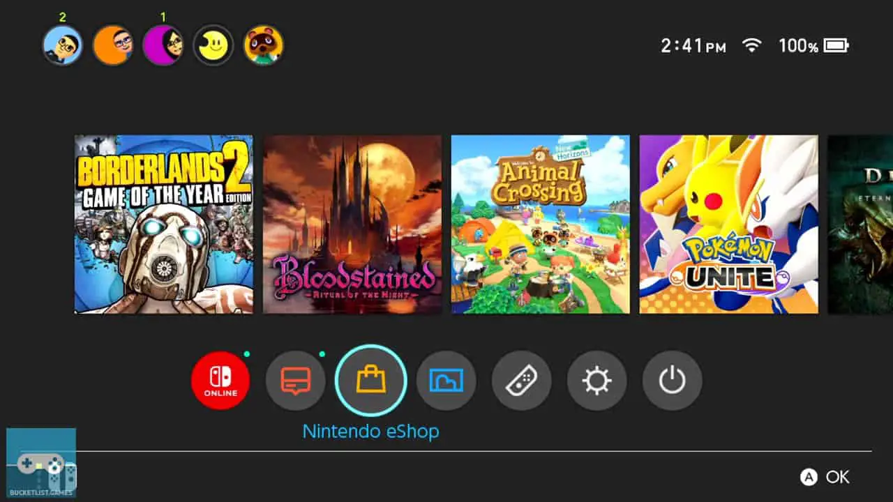 nintendo switch home menu with game icons and app icons with dark theme turned on