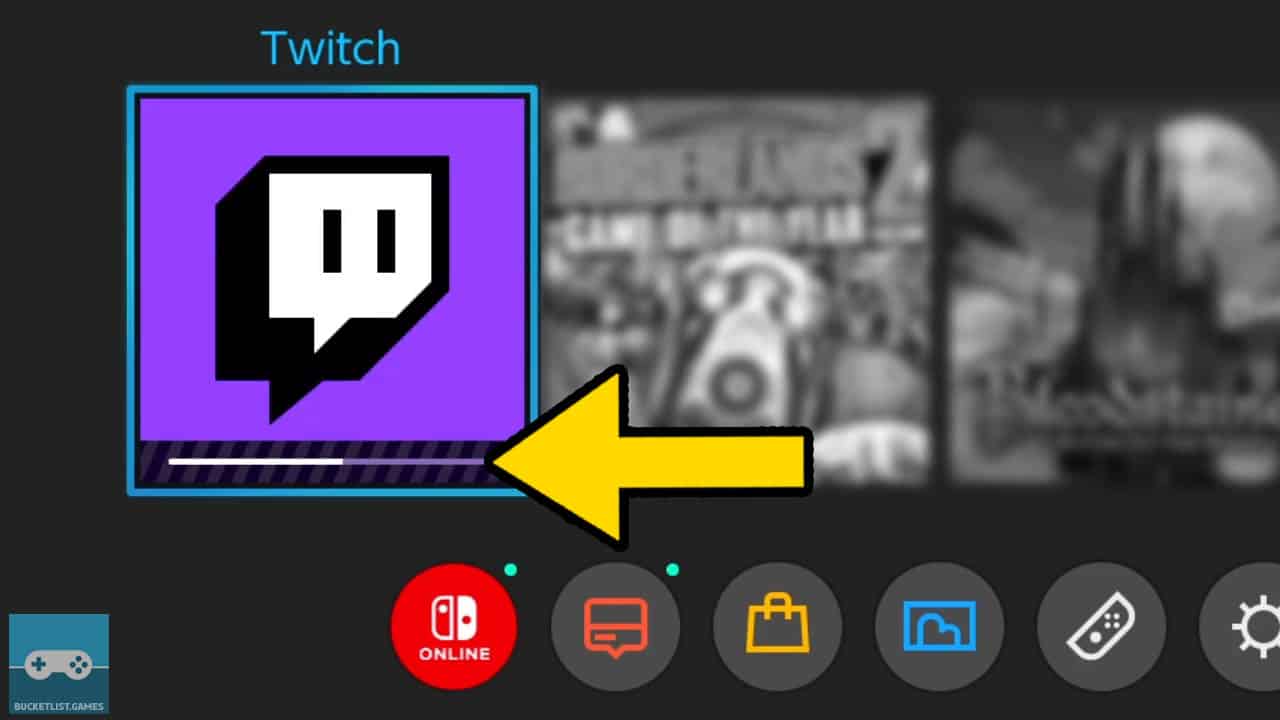 switch home meny with the twitch game icon and a yellow arrow pointing at the download progress bar beneath it