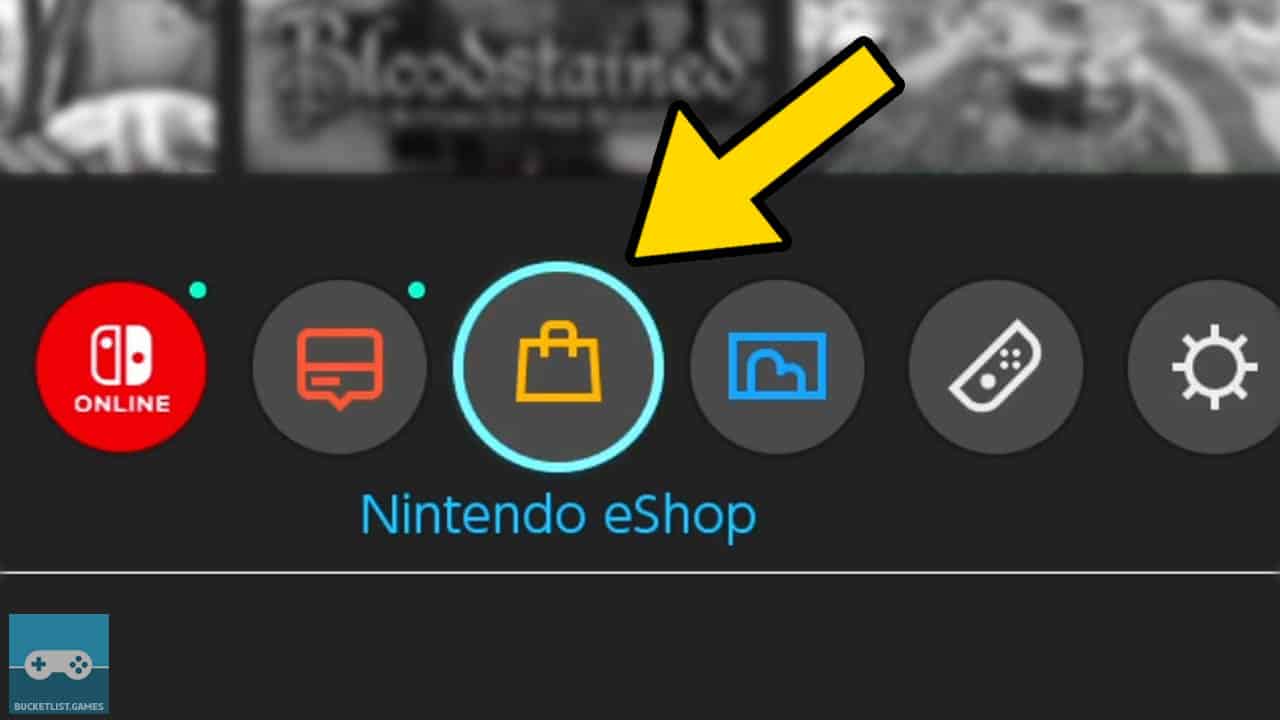 switch home menu with a yellwo arrow pointing at the eshop icon