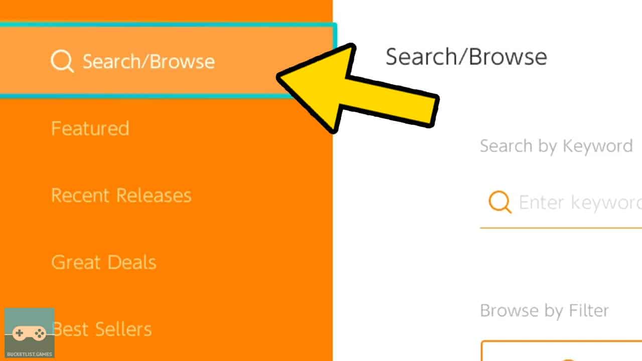 switch eashop screen with yellwo arrow pointing at search function